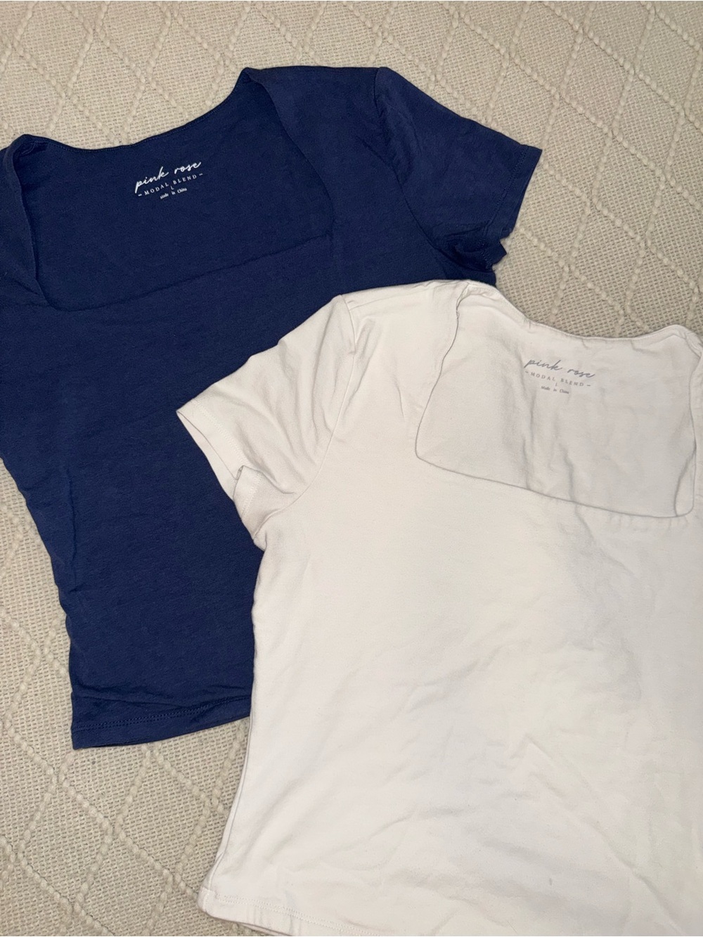 Pink Rose Women’s Short Sleeve Square Neck Top - Navy & White L